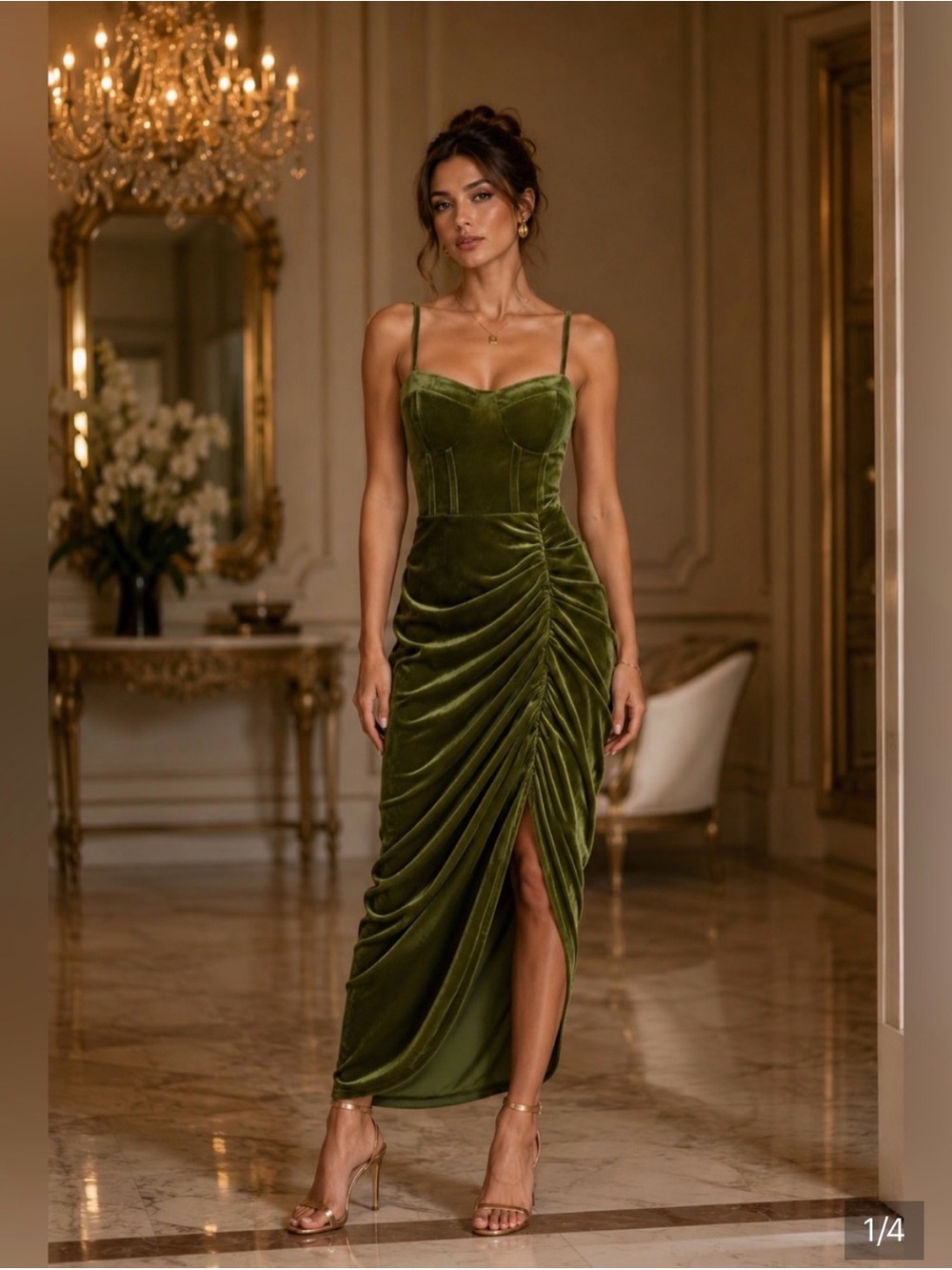 Cider Olive Green Velvet Ruched Midi Dress